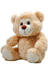 Fototapeta premium A beige teddy bear with a red nose and black eyes, sitting upright against a white background.