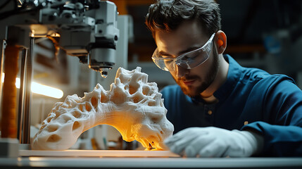 A technician operating a high powered 3D printer in an industrial workshop, molten material forming intricate layers, High-tech style