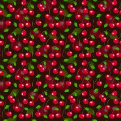 Seamless watercolor pattern with branches cherries and green leaves on dark brown chocolate background. Suitable for packaging, textile and culinary design.
