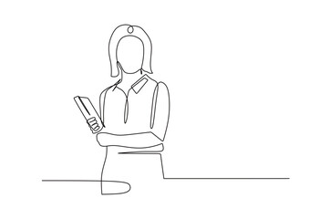 continuous line drawing of woman office workers with book. vector illustration