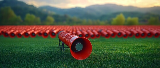 Red megaphones arranged in a field against a backdrop of trees and mountains. Loudness, unity, voice