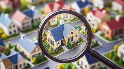 Looking for real estate agency, property insurance, mortgage loan, rent or buy a new house. A magnifying glass over house model surrounded by tiny houses on white background, real estate transactions