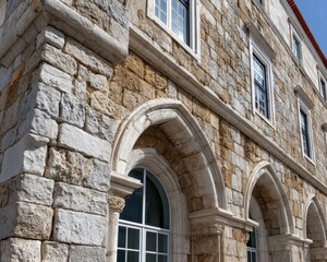 Fototapeta premium Ancient Coimbra university building facade, intricate stonework, arched windows - structure heritage tourism