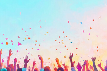 Crowd Celebratory Spectacle with Colorful Confetti Showers and Sky Backdrop