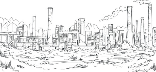 Obraz premium Black and white line drawing of an industrial factory complex with smokestacks emitting smoke and a barren foreground.
