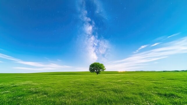 Solitary green tree stands in a vast grassy meadow under a vibrant blue sky with a surreal Milky Way galaxy effect.