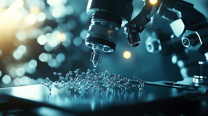 An AI powered robotic arm creating complex nanostructures in a futuristic nano engineering lab, atomic-level precision under an electron microscope, Scientific style