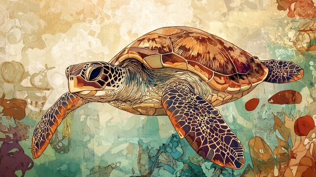 Sea turtle swimming in water with abstract background in artistic style.
