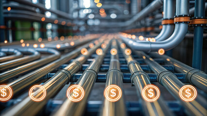 A network of industrial pipes with dollar sign icons, symbolizing financial aspects and efficiency in resource management.