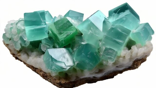 Cluster of green fluorite mineral cubes on a bed of white botryoidal aragonite specimen
