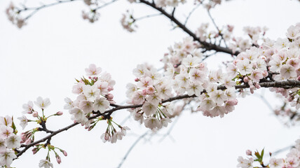 Obraz premium Delicate Pink Cherry Blossoms on Branch Against White Sky Springtime Nature Background