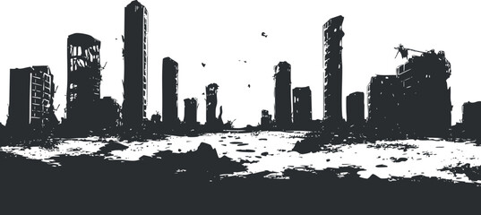 Obraz premium Black and white silhouette of a city skyline featuring tall buildings and urban structures