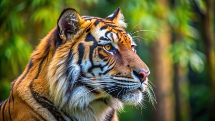Fototapeta premium Majestic Sumatran tiger's head in profile with piercing eyes and thick fur texture, Forest, Sumatran Tiger