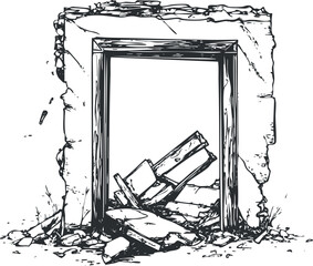 Illustration of a broken and ruined stone doorway with debris and rubble scattered around