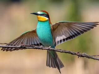 Fototapeta premium Vibrant european bee eater perched on barbed wire spreading wings in natural light colorful plumage detail sharp focus nature photography