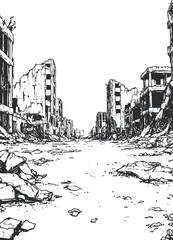 Black and white illustration of a street filled with ruins and destroyed buildings after devastation or war