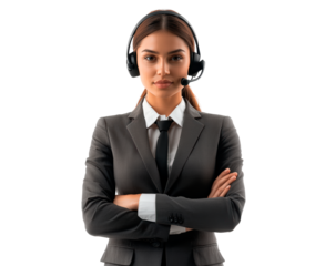 Professional young woman in a suit with a headset ready for customer service