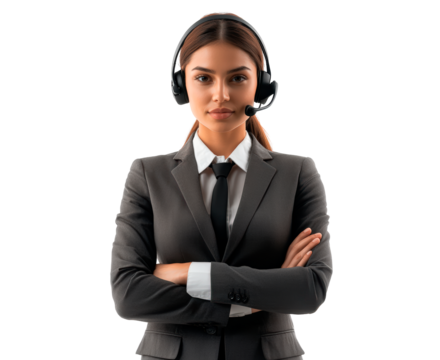 Professional young woman in a suit with a headset ready for customer service