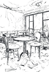 Black and white sketch of an abandoned room with old chairs and tables covered in debris and damage