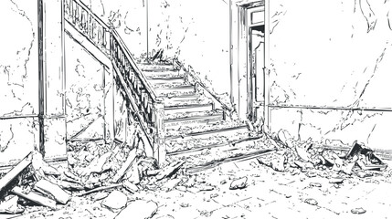 Fototapeta premium Line art drawing of an abandoned deteriorated interior with broken stairs and debris scattered on the floor