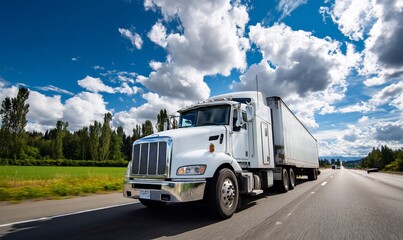 White semi-truck on highway, sunny day