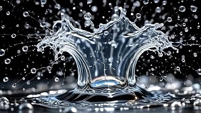 Captured in extreme slow motion, a concentrated burst of water is propelled forward into the lens. Each droplet distorts upon impact, forming ephemeral, crown like structures and spiderweb patterns