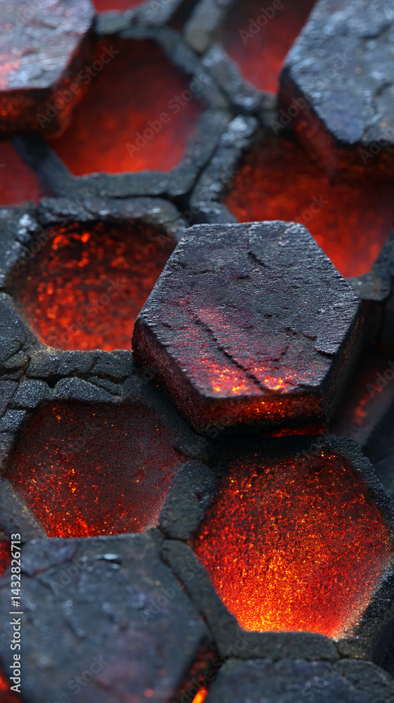 Poster close-up of dark grey hexagonal coal pieces glowing red-orange from within, creating a warm, intense