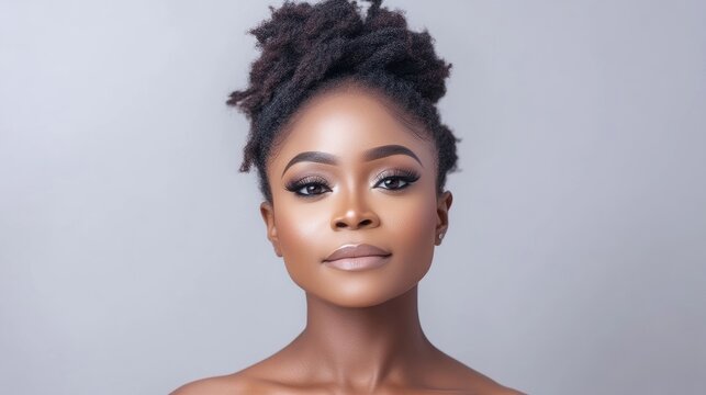 Beautiful young Black woman with natural updo hairstyle and elegant makeup posing for a beauty portrait against a grey studio background.