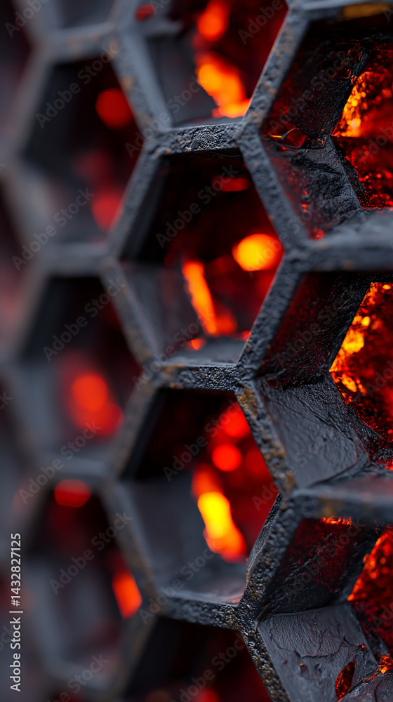 Poster Close-up of dark grey hexagonal grid against a blurred background of glowing embers, creating a textured, warm, and intense visual