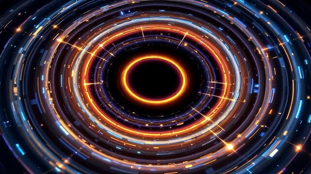 Concentric rings of shifting, iridescent hues emanate from a central point, expanding outwards into the inky blackness. The innermost ring glows with molten colors, resembling a fiery annulus