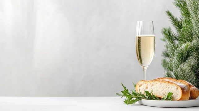 Glass of sparkling champagne and sliced bread on a plate next to a green pine branch against a bright grey background with negative space.
