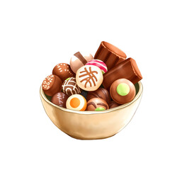 different type chocolate candies in a bowl with watercolor style on white background