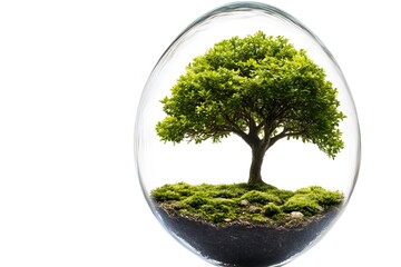 Green oak tree in a glass jar, on a white background