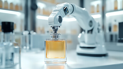 A robotic arm in a cutting edge AI driven perfumery, precisely mixing and bottling luxurious fragrances, Luxury-tech style