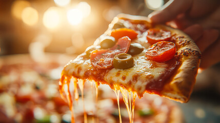 Hand holding delicious slice of pizza with melting cheese pull. Restaurant menu, pizza lovers, food delivery. enjoying pizza. Mouthwatering Slice of shrimps pizza with yummy cheese pulling apart