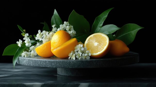 Fresh yellow lemons and delicate white flowers arranged on a dark stone platter in a moody studio setting.