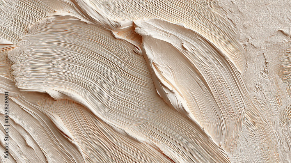Poster creamy beige paint texture, thick strokes creating swirling pattern, suggesting fluidity, movement, 