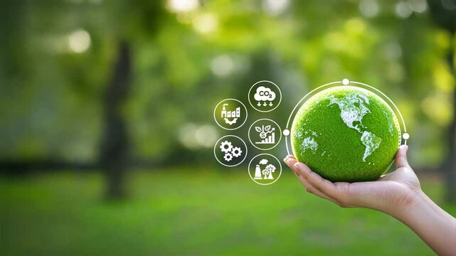 A hand holding a green planet Earth with circular economy and sustainability icons, Representation of SDG, eco friendly future, and renewable resources