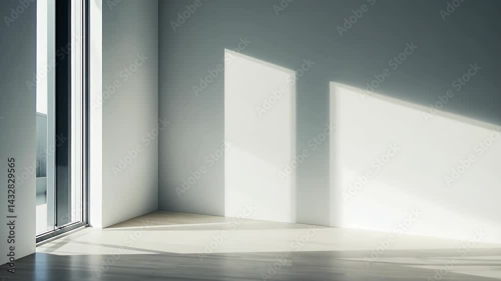 Poster sunlight streams through modern windows, creating serene patterns on minimalistic walls in an elegan