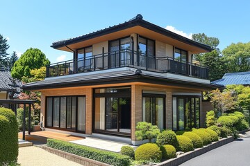 Fototapeta premium Two-story Japanese house with beige and white brick exterior, dark gray roof, and open-air balcony. Surrounded by green bushes, with a parking lot and blue sky in the daytime.