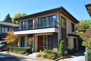 Fototapeta premium Two-story Japanese house with beige and white brick exterior, dark gray roof, and open-air balcony. Surrounded by green bushes, with a parking lot and blue sky in the daytime.