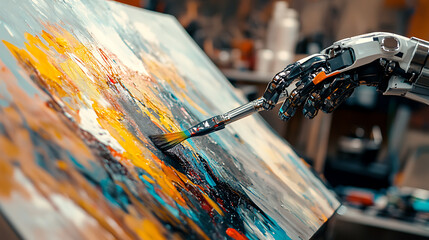 A robotic arm in a futuristic AI art studio, painting a masterpiece with digital precision, Creative-tech style