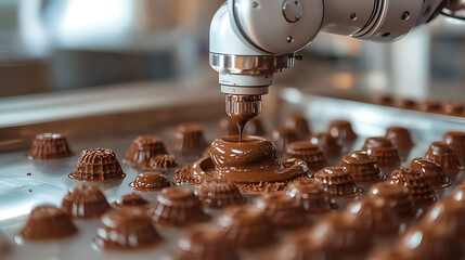A robotic arm in a futuristic AI controlled chocolate sculpting workshop, crafting intricate edible designs, Culinary-tech style