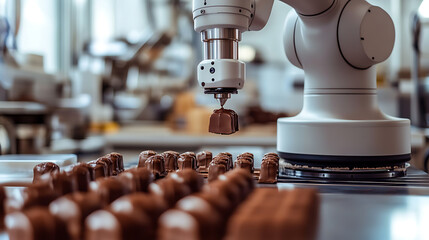 A robotic arm in a futuristic AI controlled chocolate sculpting workshop, crafting intricate edible designs, Culinary-tech style
