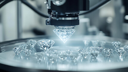 A robotic arm in a futuristic AI controlled diamond cutting facility, shaping and polishing high-quality gemstones, Luxury-tech style