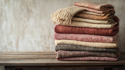 A stack of knitted blankets with tassels on a wooden bench against a textured wall.