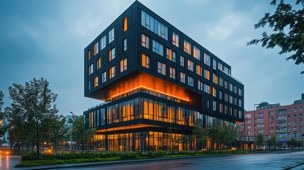 Fototapeta premium Modern city building, illuminated at dusk, street scene