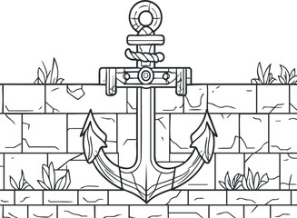 Black and white outline illustration of a nautical anchor mounted on a stone wall with plants growing nearby