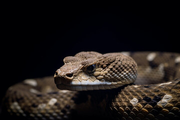 Fototapeta premium A snake with white spots on it with black background.