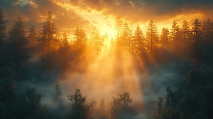 Obraz premium Golden Hour Radiance: Sunbeams Pierce Through Misty Forest Canop